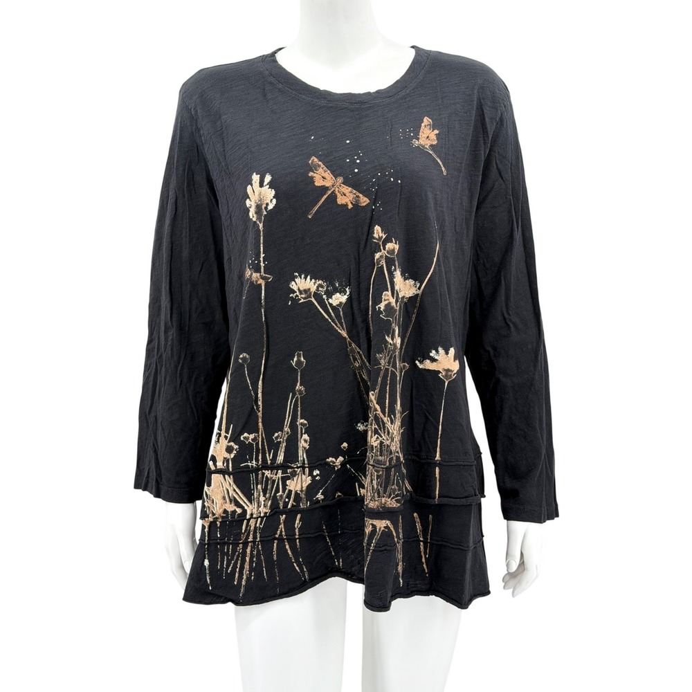 Jess & Jane Top Women 1X Black Dragonfly Floral Artsy Boho 100% Cotton Whimsical